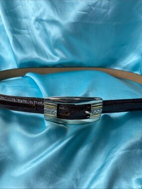 Vintage Enmon Brown Leather Italian Calfskin Belt with Silver Gold Tone Buckle